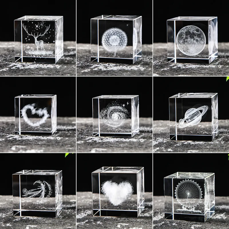 5cm crystal cube body carved with rainy days, solar system clouds, love cube desktop creative gift decoration for gift giving