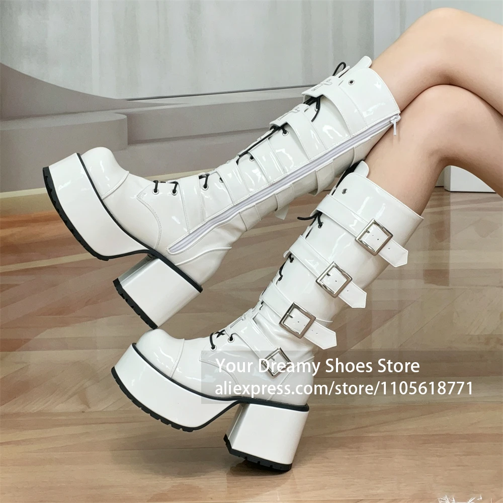 Front Lace Up Design Platform Boots Multiple Adjustable Buckle Straps with Cross Embroidery Punk Chunky Heel Mid Calf Boots