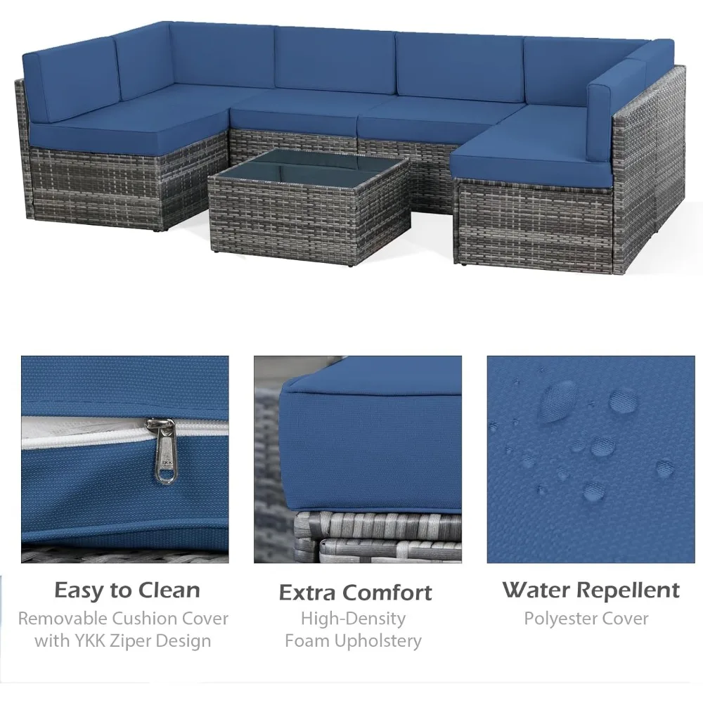 Outdoor Wicker Patio Móveis Set, PE Rattan Combinação Cadeira Set, Almofadas e Mesa de Café, 7 PCs