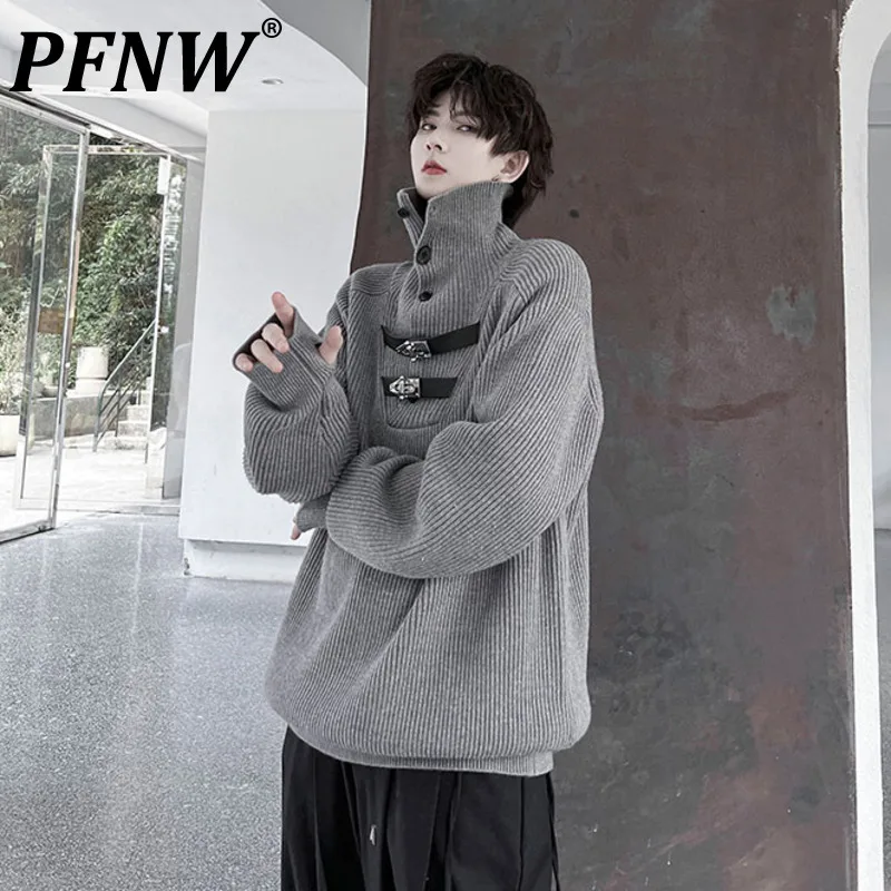 PFNW Trendy Metal Leather Buckle Decorative Turtleneck Men's Loose Thick Sweater 2024 Winter Black Knitted Pullover Tops 28W5408