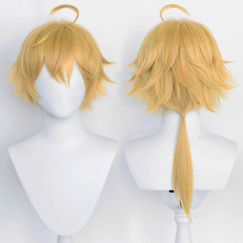 Juego de alta calidad Genshin Impact Thoma peluca de Cosplay diseño esponjoso pelucas sintéticas doradas resistentes al calor + gorro de peluca
