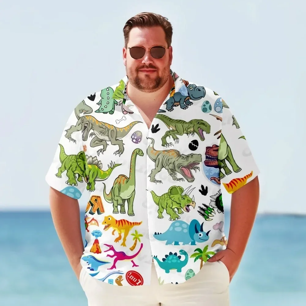 Hawaiian Shirt Men Trendy Cool Vintage Cartoon Dinosaur Print Summer Short Sleeve Oversize Clothes Y2k Streetwear Tops Clothing