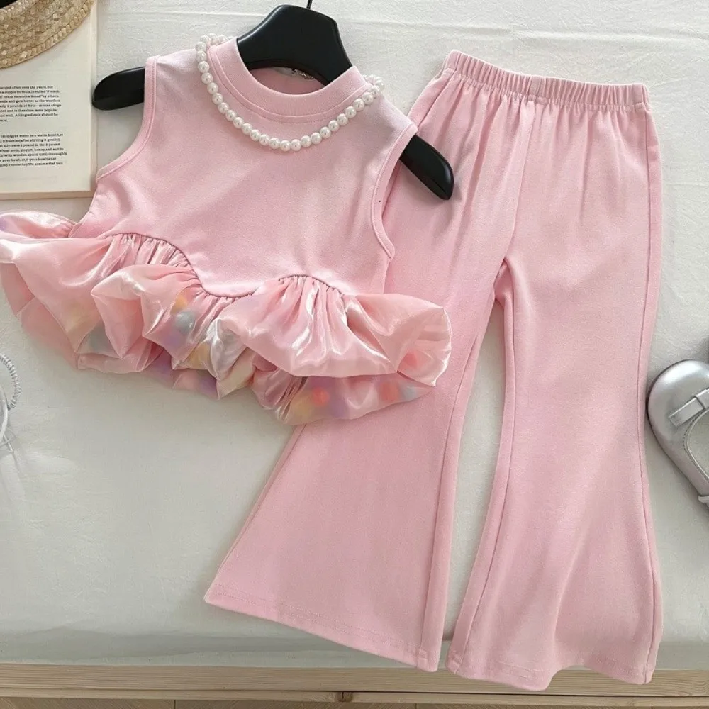 

Fashion Sweet T-shirt+Trousers Suit Pink Sleeveless 2-piece Set Mesh Splicing Girl Princess Suit Summer