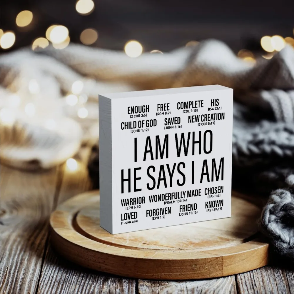 1pc Christian Desk Wood Box Sign Decor, I Am Who He Says I Am, Office Religious Motivational Decor Bible Verse Desk Decor