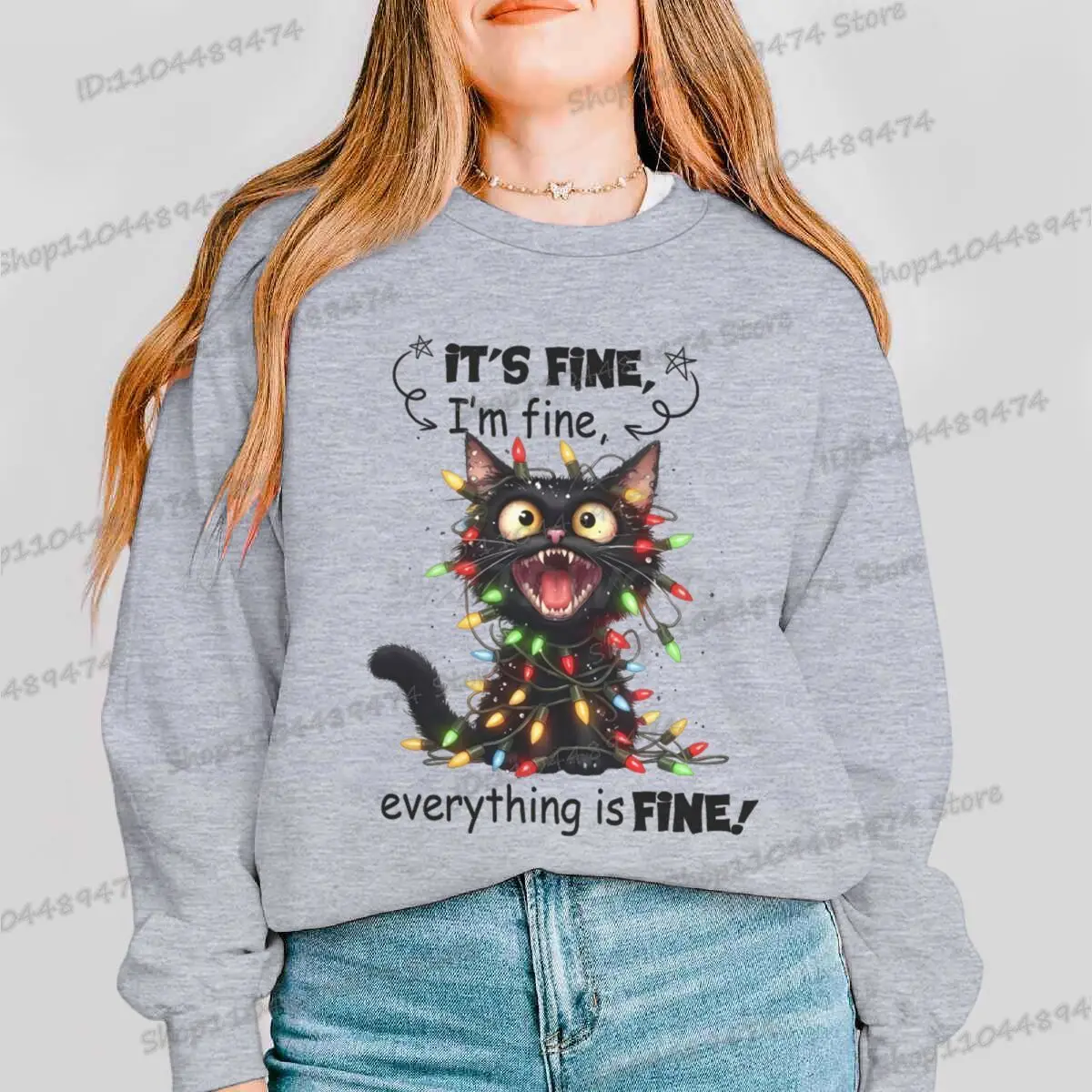 إنه جيد أنا بخير كل شيء جيد عيد الميلاد البلوز الرجال النساء الصوف مضحك القط البلوز عيد الميلاد Y2K سوداديرا بلوزات