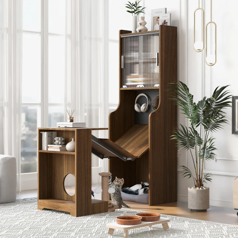 Mid-Century Modern Walnut Vintage Multi-use Cabinet With Cat Scratcher Bed, Side Cabinet with Extendable table