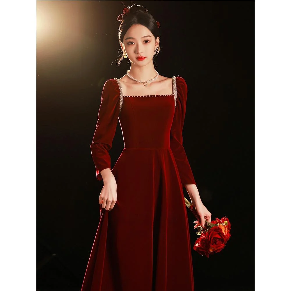 

Ele Red Velvet Wedding Dr Long Sve Engagement Par Gown for Women Vintage Sle Chinese Manufacturer Winter Collec...
