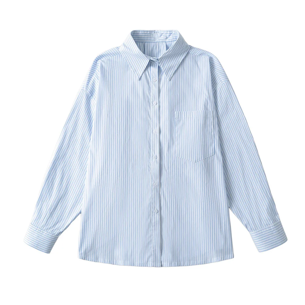 بسيطة، كاجوال، خطوط زرقاء، مزاج راقي، قميص بأكمام طويلة، بلوزة فضفاضة متوسطة الطول بصدر واحد