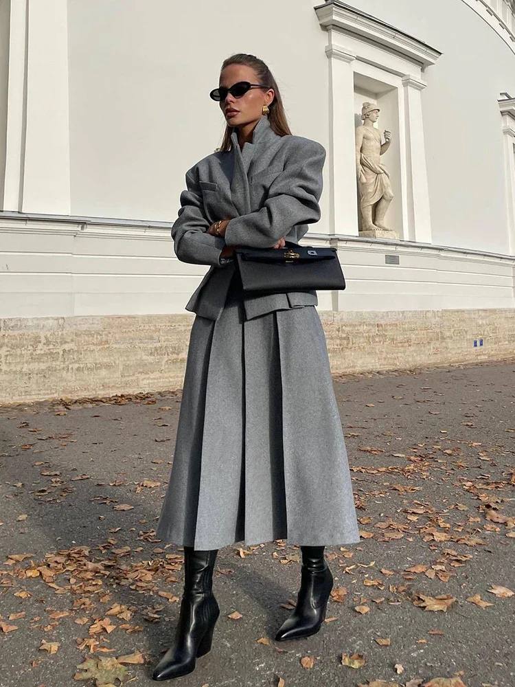 

Autumn Winter Lady Office Two-piece Set Woolen Coat Skirt Set Women Lapel Hidden Buckle Blazers+High Waist Pleated Skirt Outfits