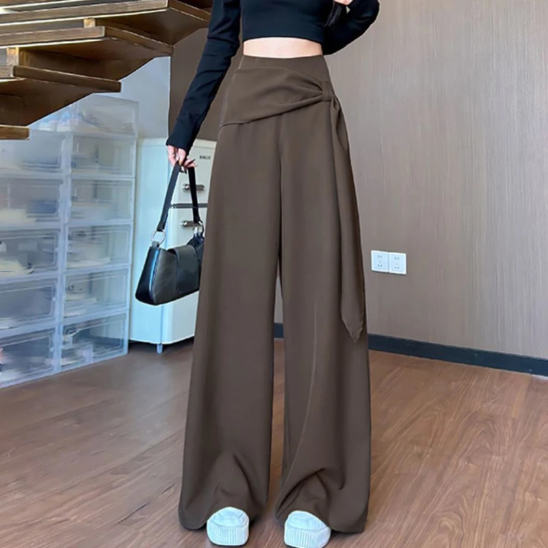 Chic Wide Leg Pant Women Autumn Fashion Sash Tie High Waist Trouser Loose Office Lady Fall Streetwear All Match Straight Trouser