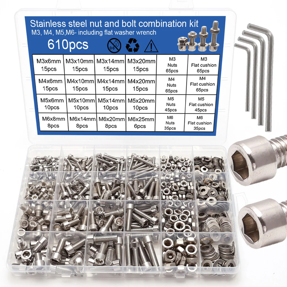 610Pcs M3 M4 M5 M6 Stainless Steel Bolt and Nut Set, Hex Socket Screw Assortment Kit, Hex Socket Screws and Nuts, Flat Washers, Spring Washers Set, Locking Nuts and Bolts DIY Tool Kit