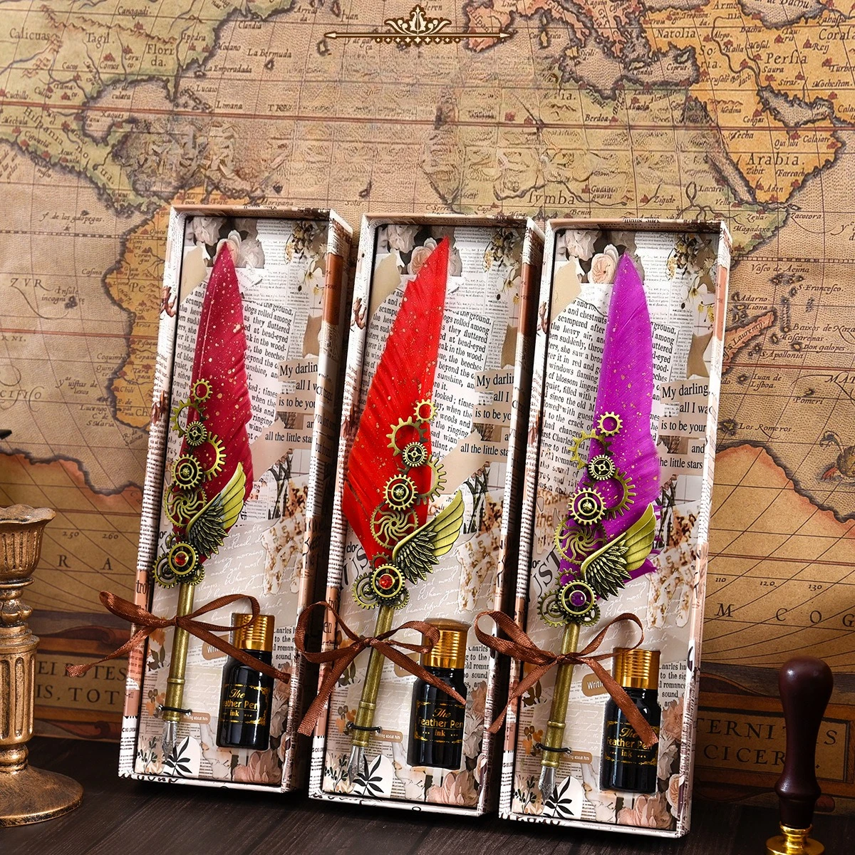 

Ретро механический набор ручек с крыльями, набор ручек с перьями, натуральное гусиное перо, бронзовый держатель для ручек, 15 мл, чернила, офисная подпись, письмо