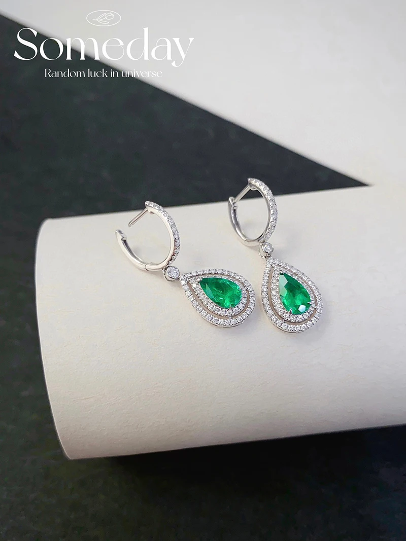 KUGG 100% 18K White Gold Earrings Women Elegant Water Drop Shape Shiny Diamond Natural Emerald Earrings High Gemstone Jewelry