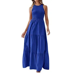 Bohemian Beach Long Dresses Women Summer New In Sleeveless Elegant Dress Female Vintage Solid Color Party Big Swing Maxi Dress