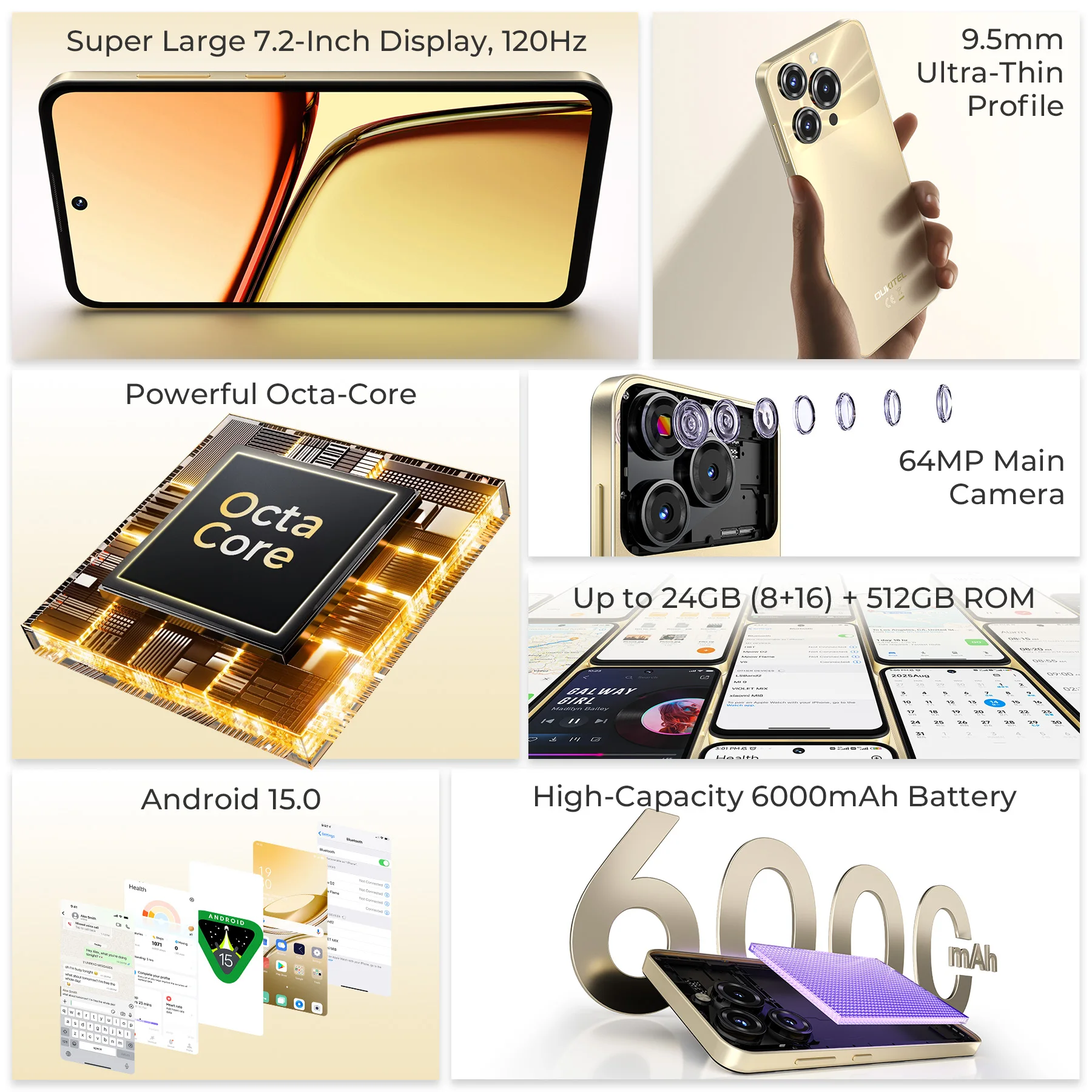 هاتف OUKITEL C69 Android 15 الذكي، شاشة 7.2 بوصة HD + شاشة كبيرة 24 جيجابايت (8 + 16) + 256 جيجابايت، 6000 مللي أمبير في الساعة NFC، كاميرا رئيسية 120 هرتز، 64 ميجابكسل