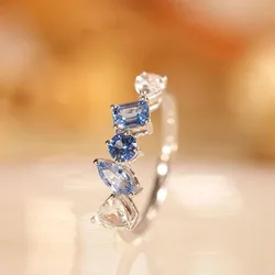 Light Luxury Gradient  Sea Blue Crystal Irregular Rings for Women New in Ideas High Quality Simple Wind Droplet Silver Jewelry