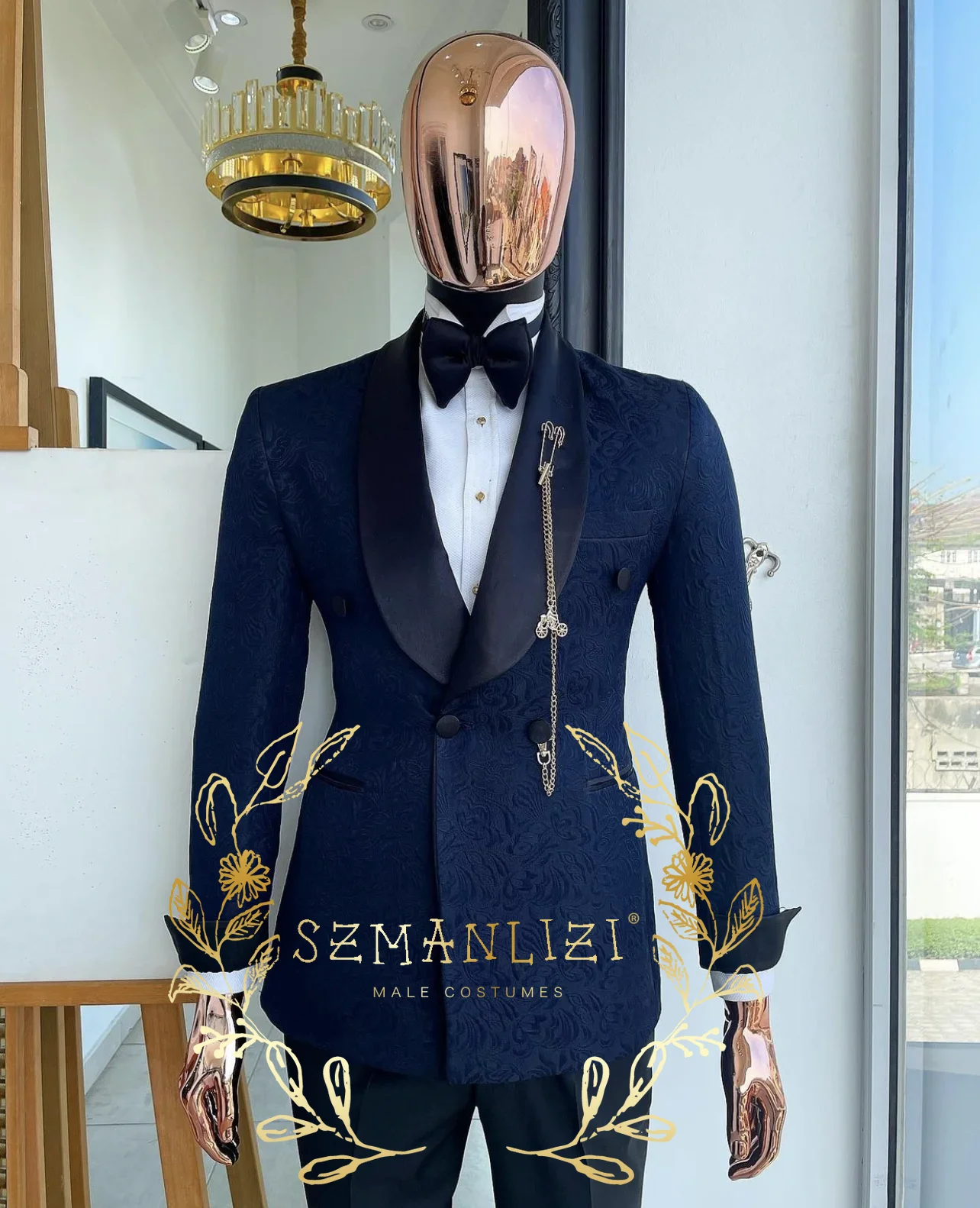 

Tailor-Made Men Suits Slim Fit Navy Blue Floral Jacket Pants 2 Pieces Double Breasted Groom Wear Blazer Smoking Business Tuxedos