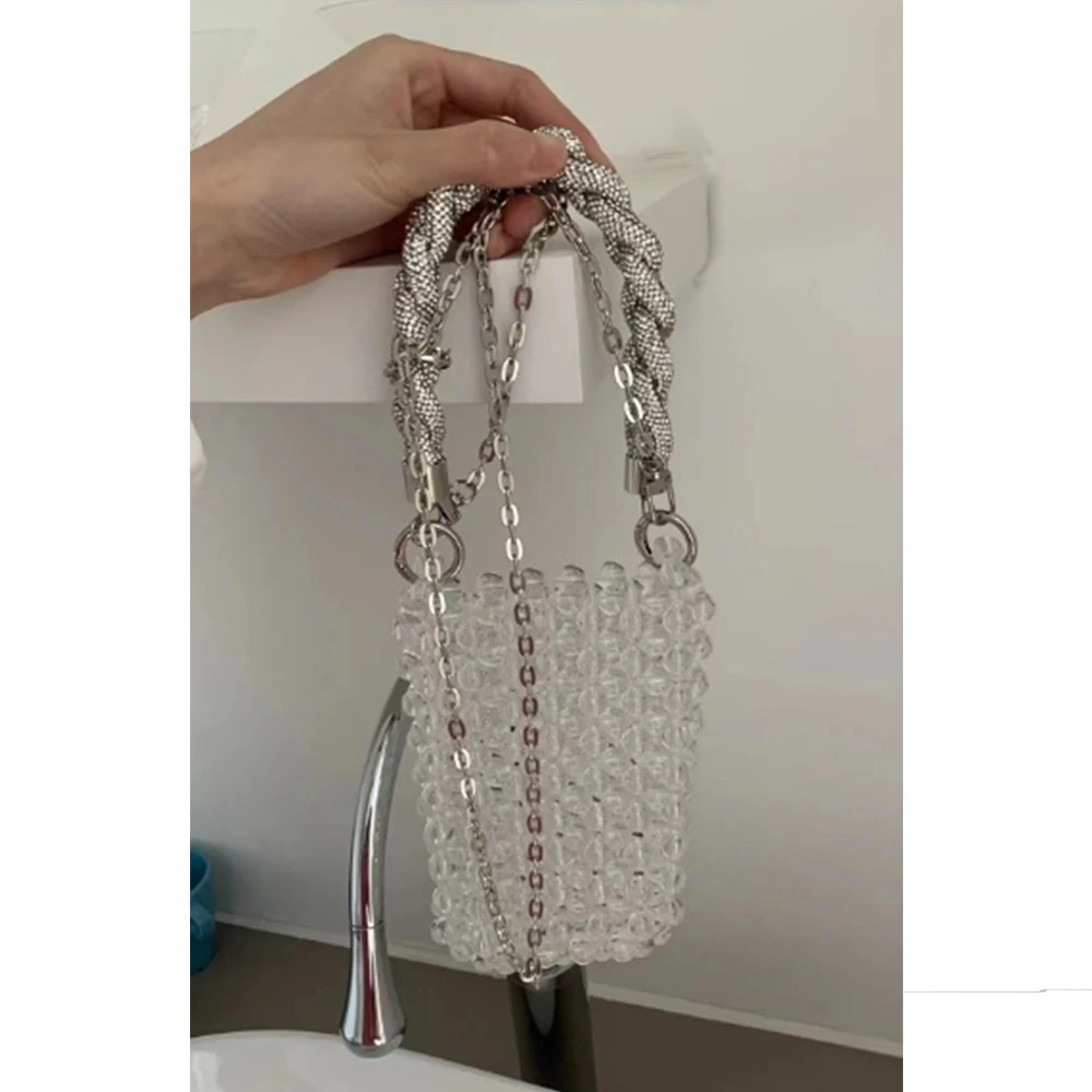 Luxe Diamanten Handvat Vrouw Handtassen Kralen Parels Tassen Voor Vrouw Kristallen Geweven Schouder Crossbody Tas Avond Bruiloft Clutch