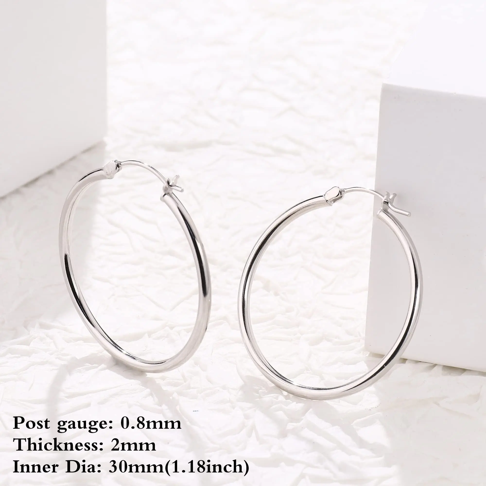 Fansilver 2mm Thin Sterling Silver Hoop Earrings 18K White Gold Plated Huggie Small Medium Large Hoop Earrings for Women Girls