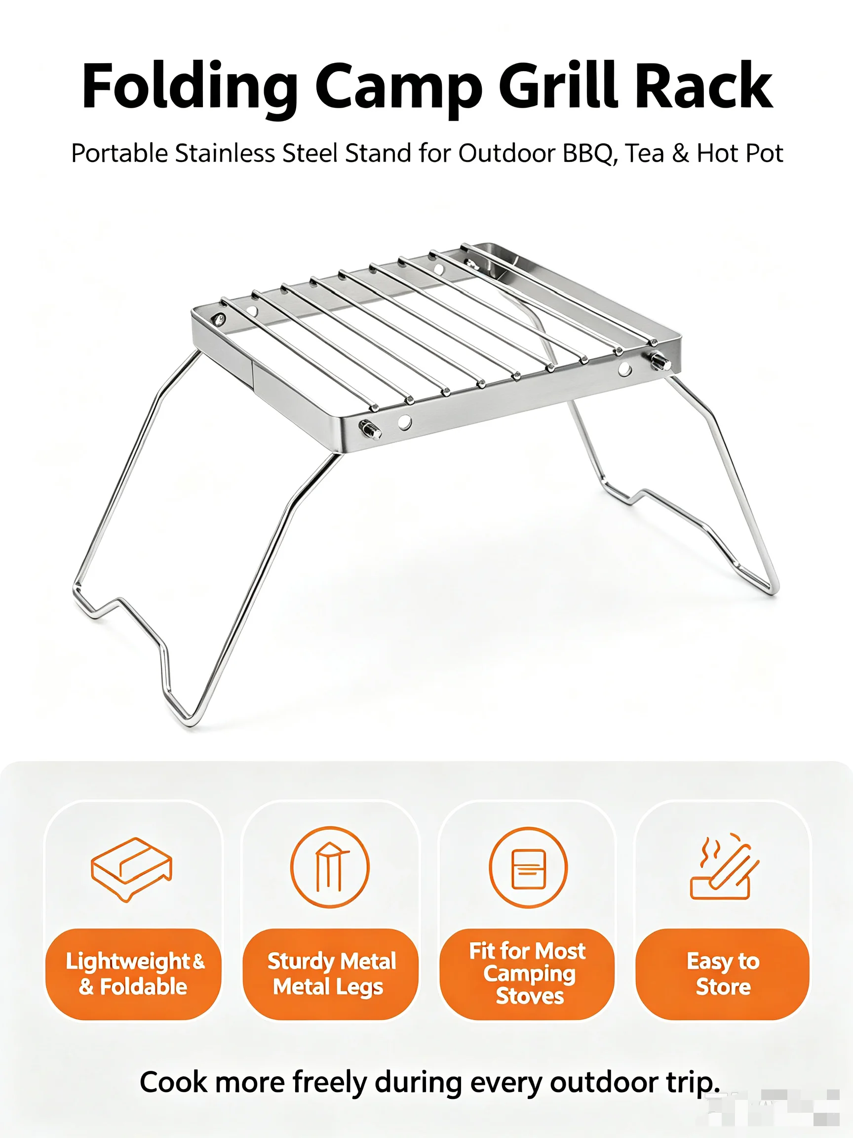 Portable Folding Camping Stove Rack Stainless Steel BBQ Grill Stand for Gas Stove Charcoal Grilling & Tea Brewing Indoor Outdoor