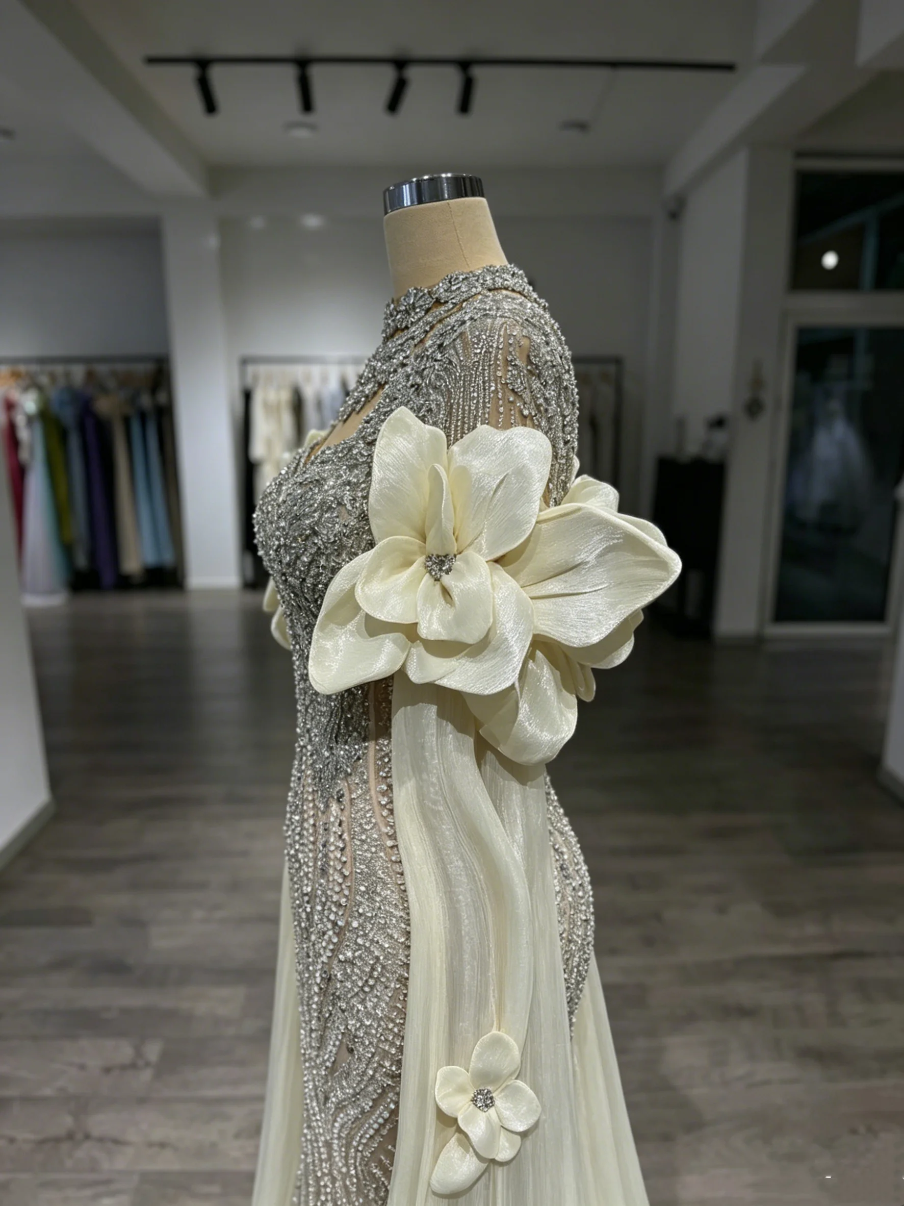 Customized Luxury Dubai Crystal Mermaid Evening Dress Champagne Long Cape Bead Wedding Engagement Party Gown Robe de mariee 2026