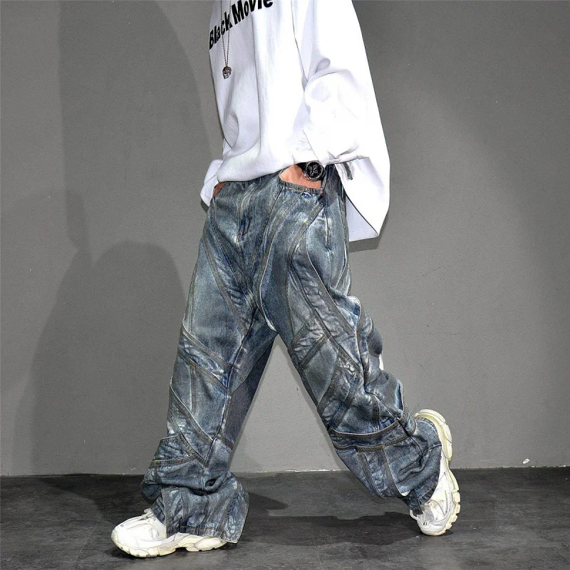 Heavy Duty Vintage Dirty Wash Design Wide Leg Jeans, Men’s Vibe Trendy Loose Big Size Denim Trousers