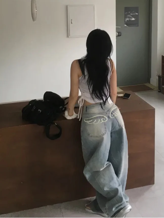 Retro Washed Distressed Denim High Waist Wide Leg Pants Women's Summer Cool Sweet Wing Print Versatile Drapey Pants