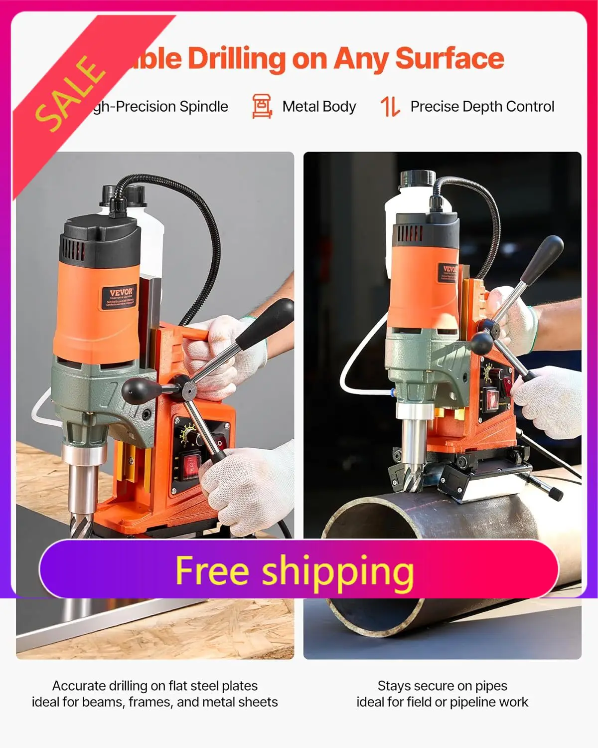 

Magnetic Drill Press, 1400 W, 2 inch Boring Diameter, 0-750 RPM Speed, Reversible Direction, Mag Drill Press with 11 Core Bits,