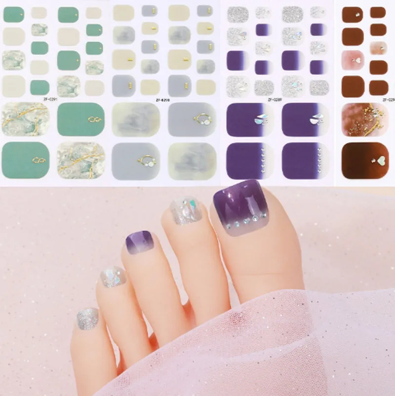 Full Cover Adhesive Nail Wraps Summer Foot Nail Art Decors Finished Nail Polish Patch Tips 3D Diamond Toenail Stickers