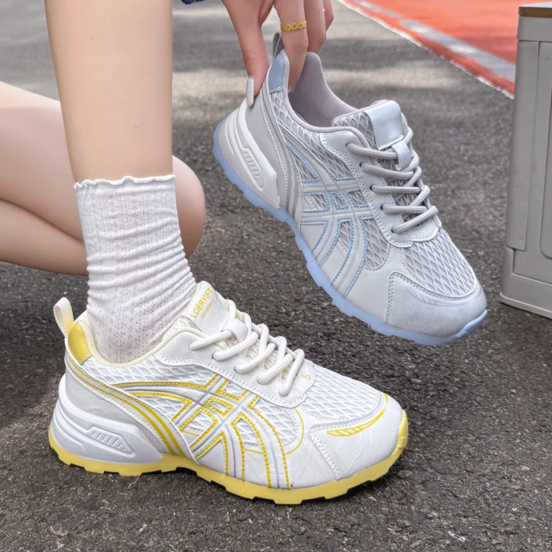 

Women's Knitted Mesh Sneakers Fashion Leather Splicing Breathable Fabric Casual Sports Shoes Soft Sole Walking and Running Shoes