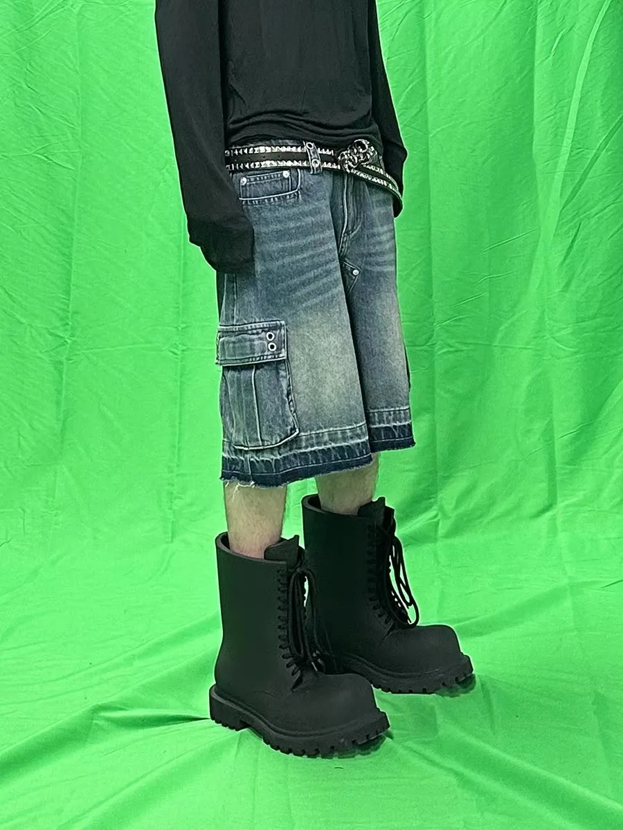 REDDACHIC الرجال جيوب كبيرة شعيرات واسعة الدنيم السراويل تفعل الثقوب المتوترة القديمة ديكور الركبة طويلة السراويل البضائع غير رسمية خمر الشارع الشهير