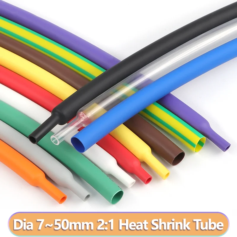 Heat Shrink Tube 2:1 2m 7-50mm ID Polyolefin Thermal Cable Sleeve Insulated Wire Protector Wrap Automotive Electrical Marine DIY