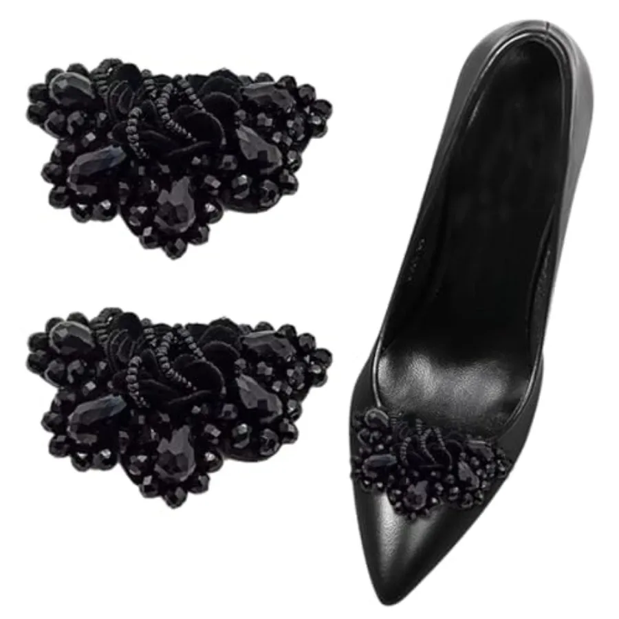 

2 Pcs Women Bow Shoe Clips Vintage Beading Shoe Embellishment Detachable Shoe Buckle Accessories for Pumps Decoration Black