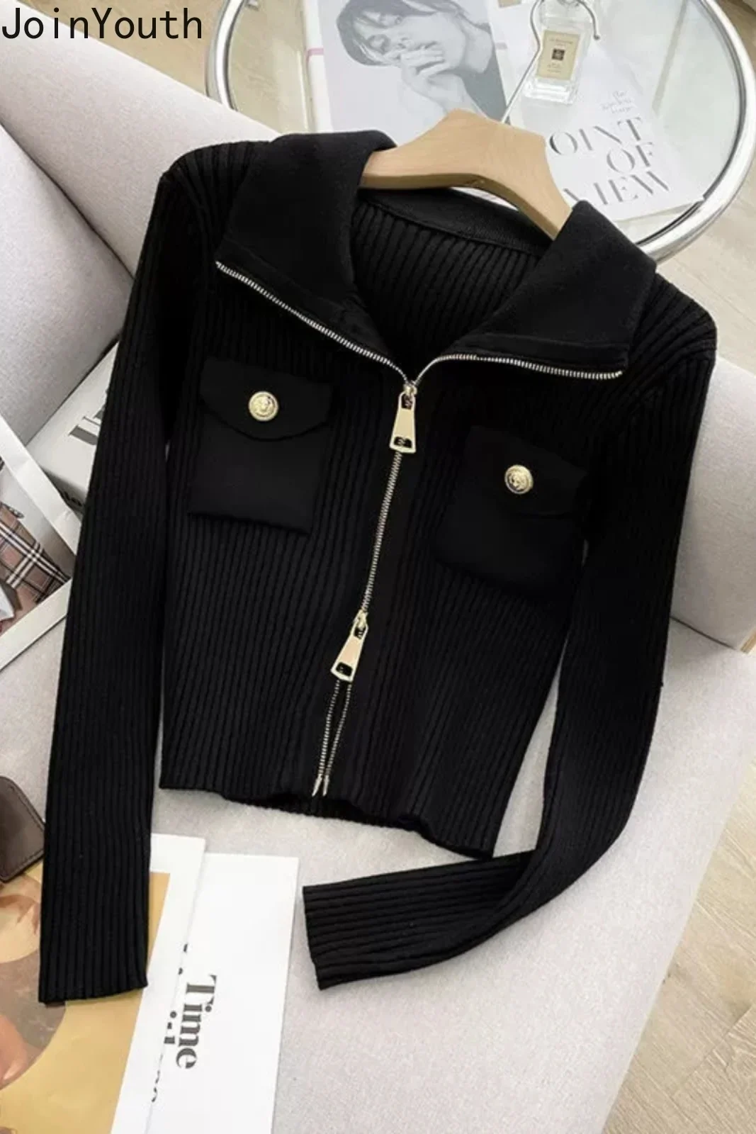 Black Sueter Mujer Long Sleeve Tunic Cropped Sweater Coat Pull Femme Women Clothing Fashion Casual Knitted Y2k Cardigan Tops