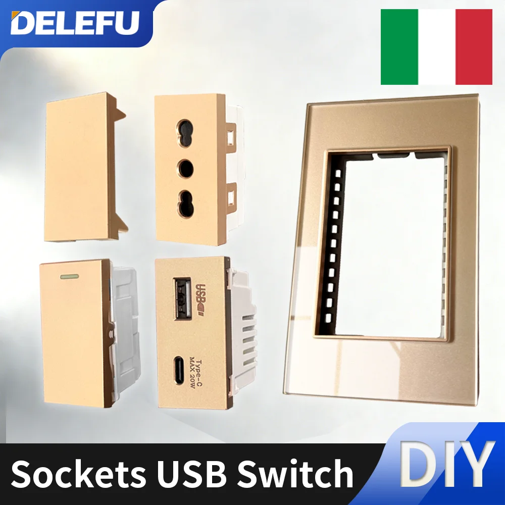 

DELEFU Закаленное золотое стекло, итальянский стандарт, двойная розетка USB Type-C, швейцарская настенная розетка с выключателем света, Швейцария, 118 мм