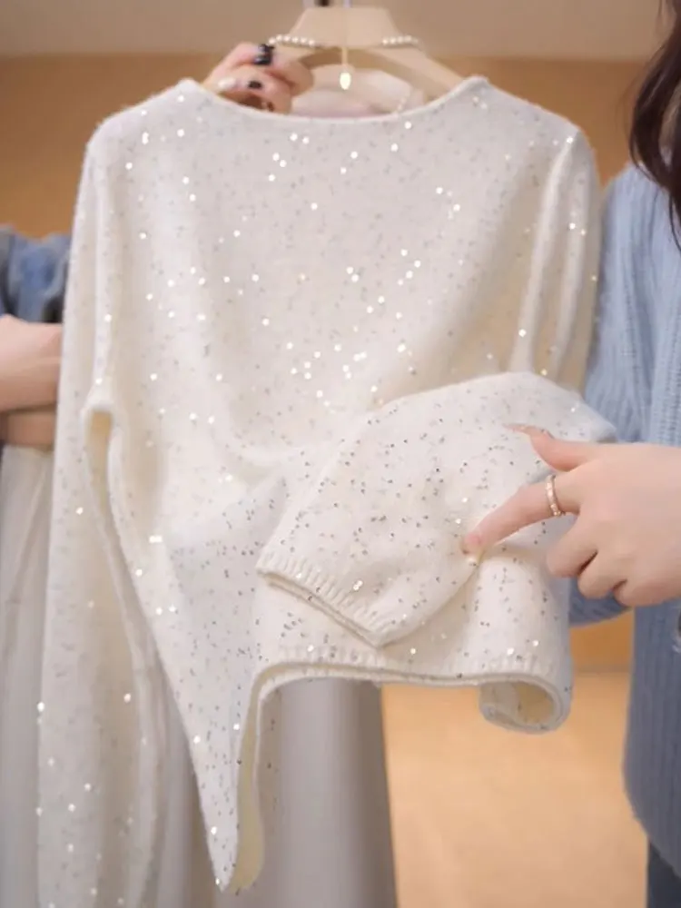 패셔너블한 캐주얼 롱 스웨터 라운드 넥 니트 스웨터 반짝이는 레이지 스타일 봄 가을 착용 편안한 스트레이트 핏 K...