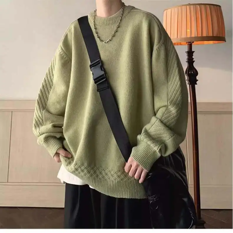 

Cool Men's Loose Knitted Sweater round Ne Pullover Soft Polyester Casual Sle Vintage Japanese Brand Design Warm Thermal