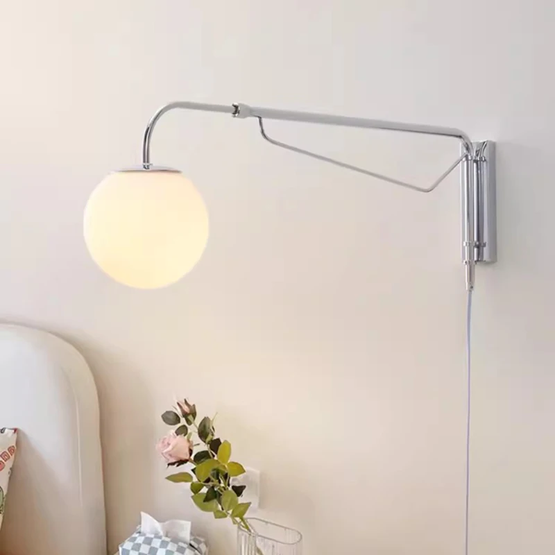 Modern LED Rocker Arm Wall Lamps Bedroom Bedside Living Room Reading Wall Light Retractable Milky White Glass Bubble Lamp Silver