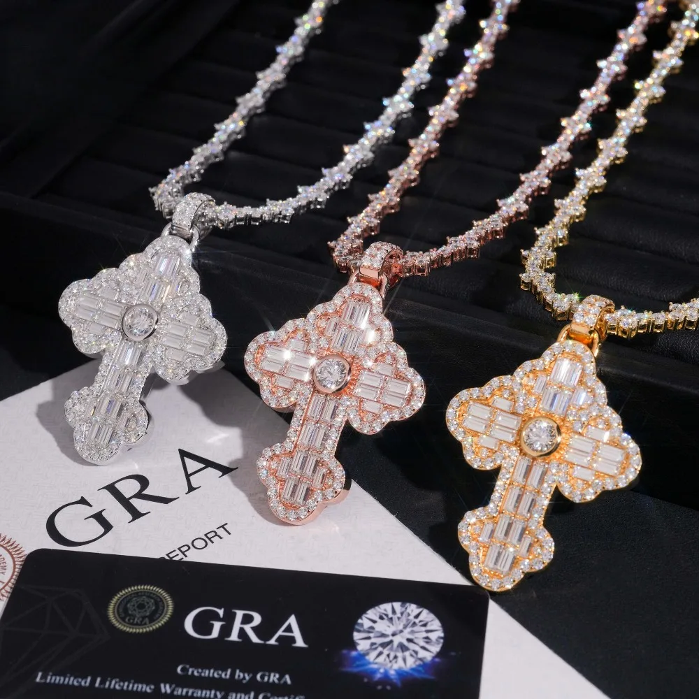 

S925 Silver Iced Out Baguette Cut Moissanite Cross Pendant Hiphop Rock Men Miami Tennis Cuban Pendant Necklace Matched 4MM Chain