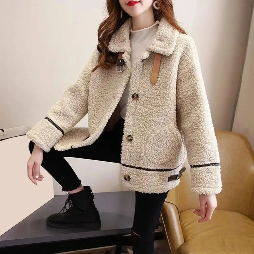 Lapel Wool Jacket Stylish Winter Women's Coat with Turn-down Collar Plush Pockets Belt Decor Warm Windproof Jacket for Cold