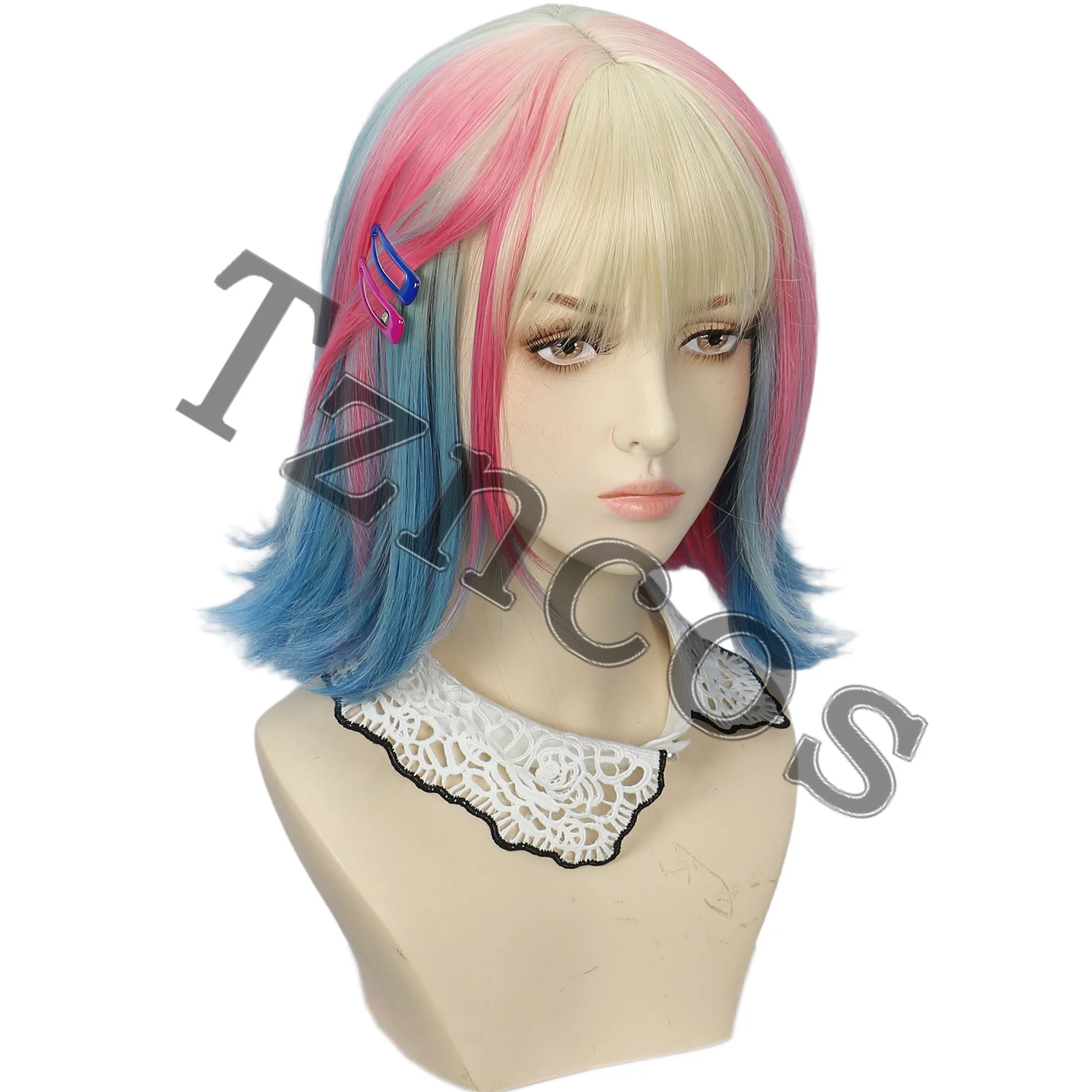 Tzncos レディース ショートボブ カーリー ゴールドミックス パウダーブルー グラデーションウィッグ ヘアクリップ2個付き ハロウィンコスチューム ロールプレイに最適