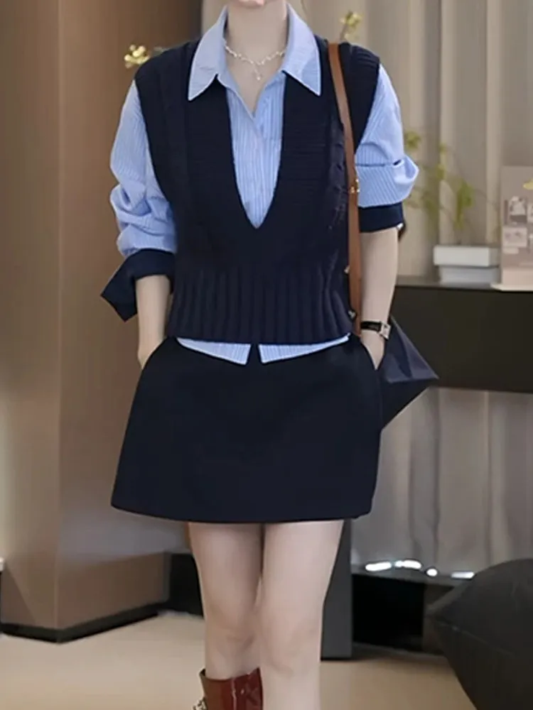 

Casual Sle Women's irt And Knitted Vest Set Spring Autumn New Design Layering Faion ort Skirt Polyester Fiber Breathable