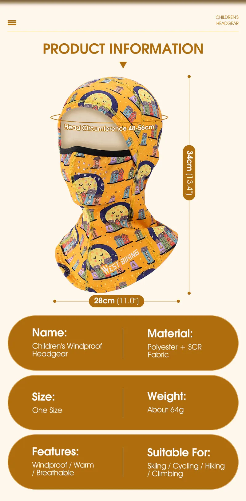 WEST BIKING Jugend-Winter-Sturmhaube, atmungsaktive Outdoor-Sport-Gesichtsmaske, Fleece-Halswärmer zum Radfahren und Skifahren, niedlicher Cartoon-Druck – Detail 2