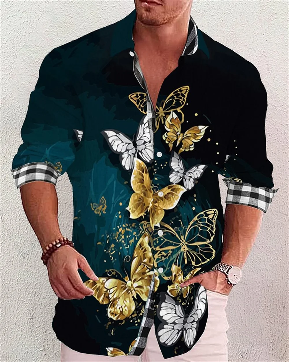 2023 Nieuwe Mode Heren Casual Polokraag Lange Mouwen Shirt Geruit High Definition Print Zacht Gezond Materiaal Top