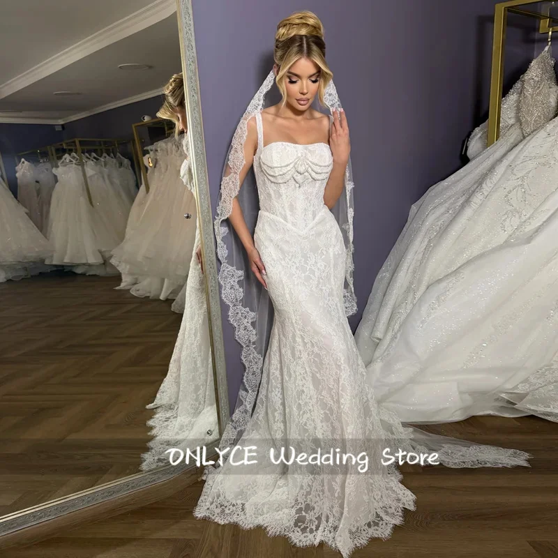 Stunning Full Lace Customized Bridal Gown With Spaghetti Straps Mermaid Sleeveless Pearls Wedding Dress For Engagement Party
