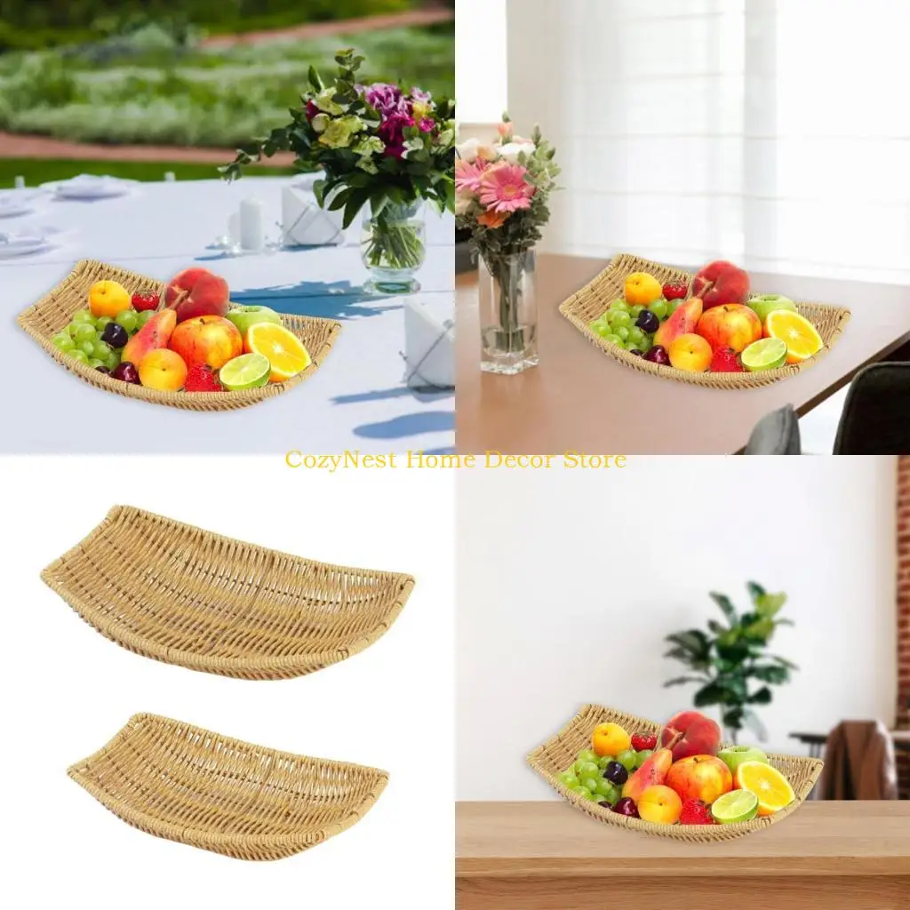 

92MF 3pc Handmade Imitation Rattan Snacks Storage Container Decorative Woven Basket Ship Shaped Kitchen Bread Fruit Tray