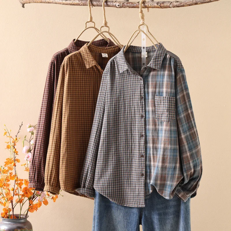 

Новая весенняя коллекция 2026: Женская хлопковая рубашка в стиле Mori Girl с винтажным мультяшным принтом, клетчатыми вставками и отложным воротником, свободного кроя, с длинным рукавом, повседневная блузка