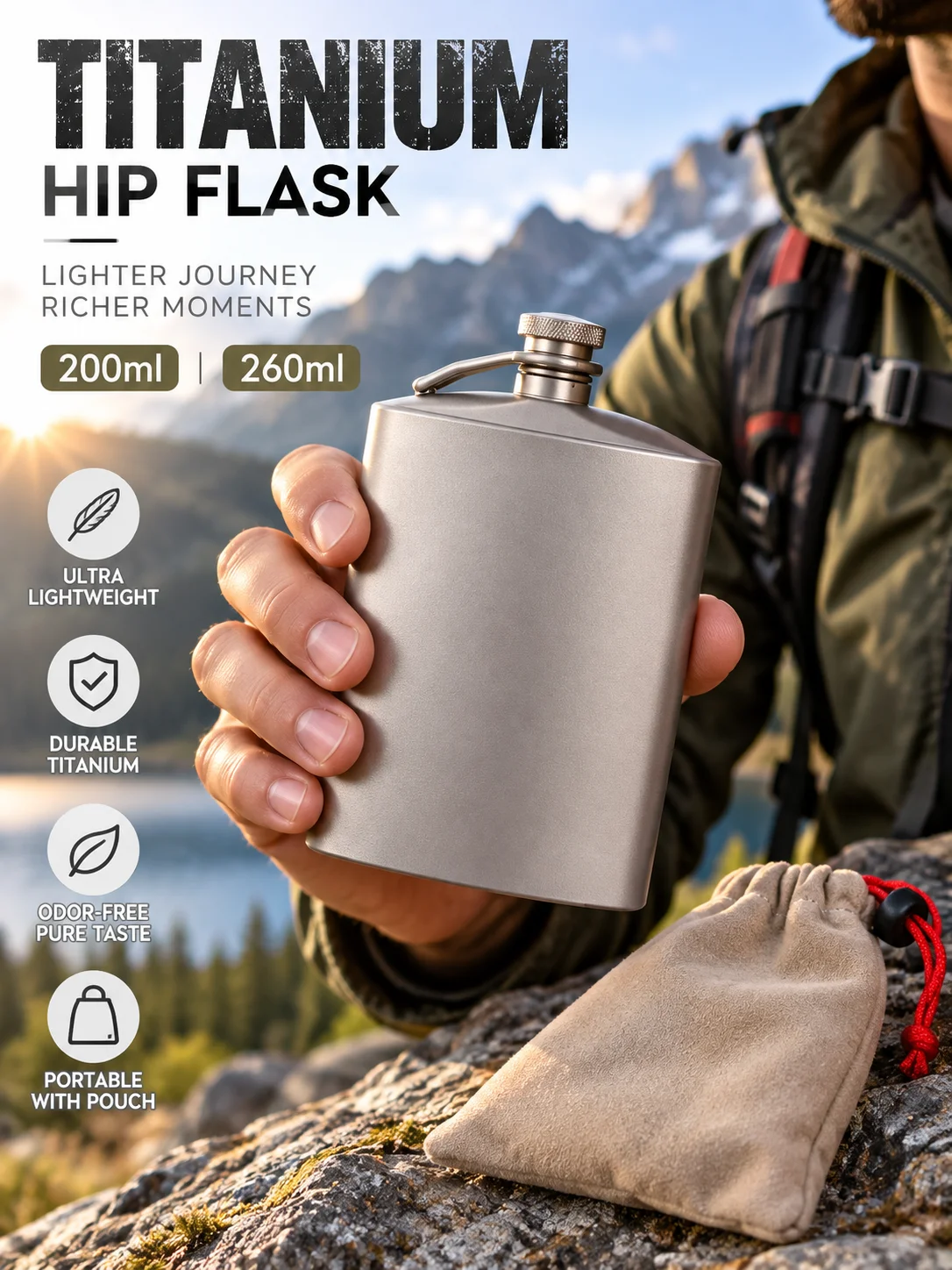 Pure Titanium Hip Flask TA1 200ml/260ml Ultralight Leakproof Whiskey Bottle With Funnel Pouch Outdoor Camping Gift