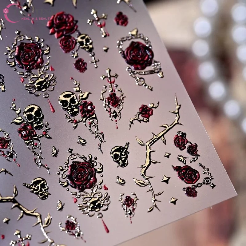 Bronzing Gold Skull Blood Rose Nail Stickers Gold Cross Floral Nail Decals Self-adhesive Halloween Nails