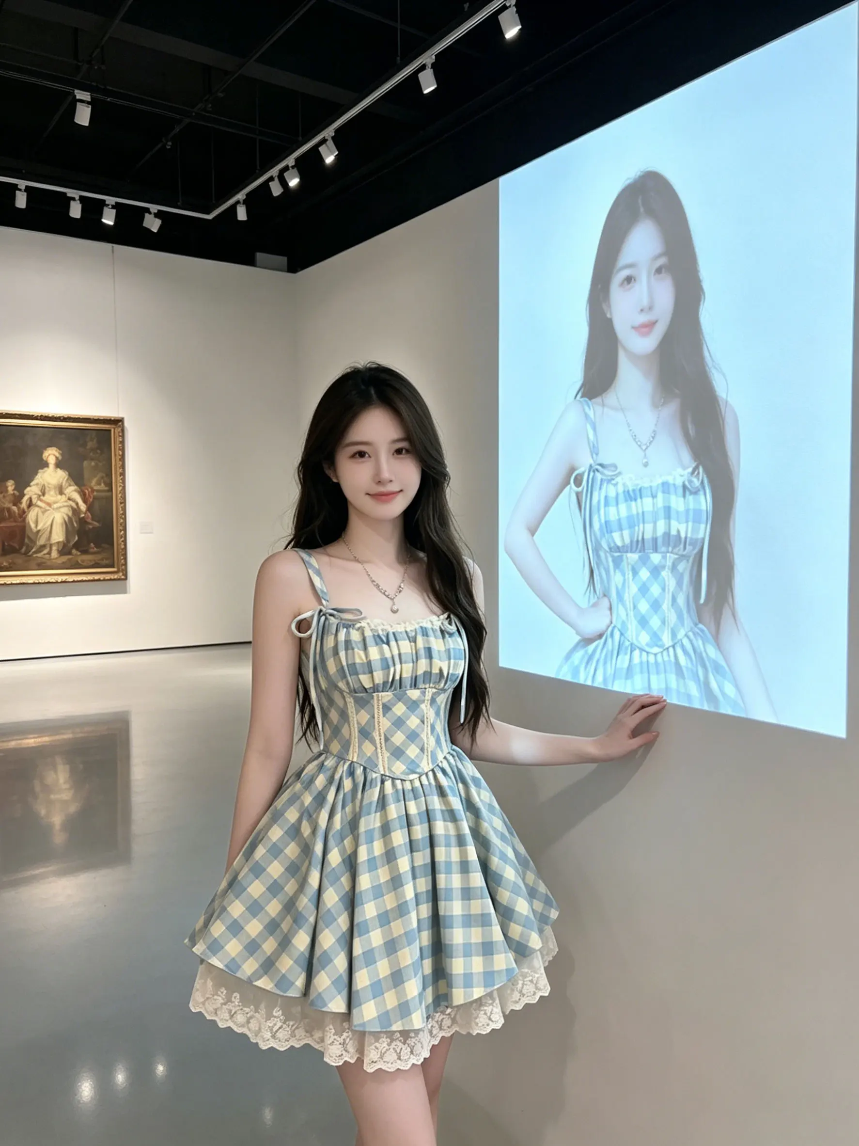

Sweet Blue Plaid Strapless Lace Patchwork Puffy Princess Dress Women's Waist Cinching Slimming Bridesmaid Dress Casual Wear